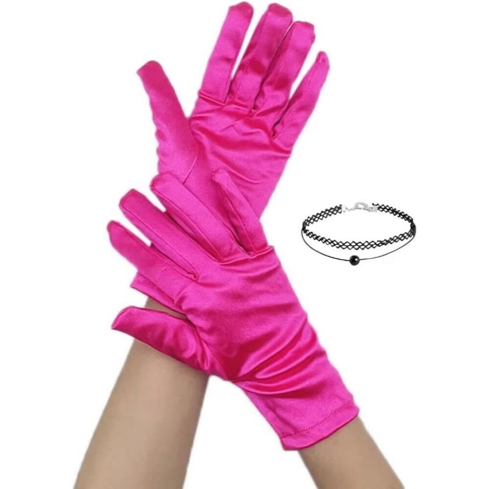 Women's Evening Fuchsia Short Satin Lace Gloves Gothic Choker Necklace design